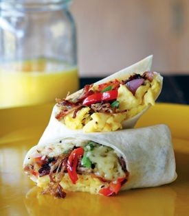 Pulled pork breakfast burritos