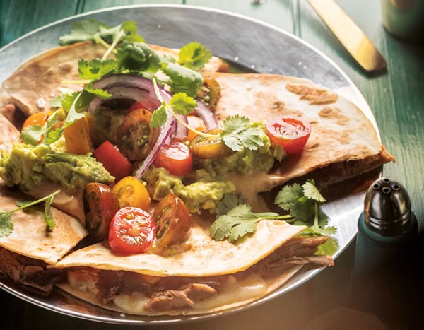 Pulled pork quesadillas with smashed avocado & tomato salsa