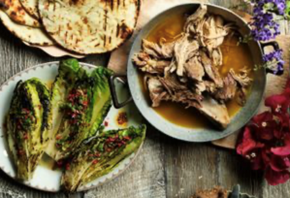 Pulled pork shoulder wraps with grilled cos