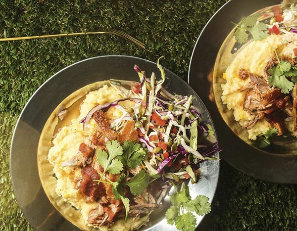 Pulled pork with easy tomato barbecue sauce, cheesy polenta & barbecue slaw