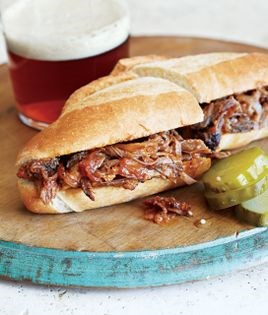 Pulled pork with spicy peach-mustard sauce
