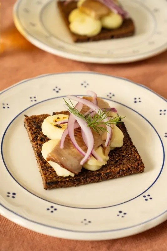 Pumpernickel toasts with mashed potatoes, tinned fish, red onion, and fresh dill