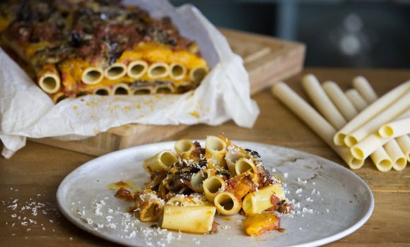 Pumpkin & eggplant pasta bake with sugo