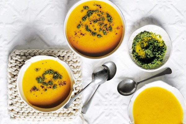 Pumpkin & pancetta soup with pepita pesto