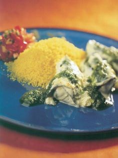 Pumpkin, almond and spring cabbage dolma in a feta custard, with coriander pesto