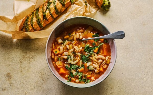 Pumpkin and bean soup with parsley pesto bread