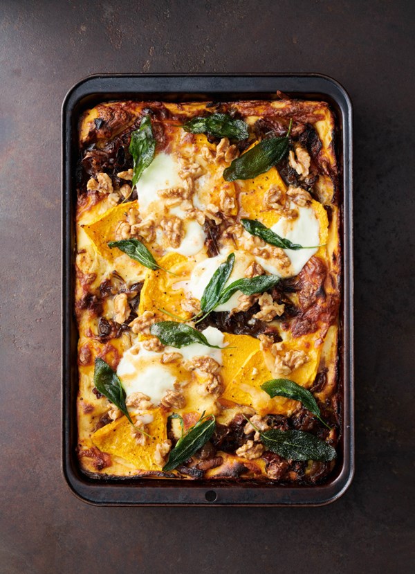 Pumpkin and caramelised onion lasagne, truffled walnut and sage butter