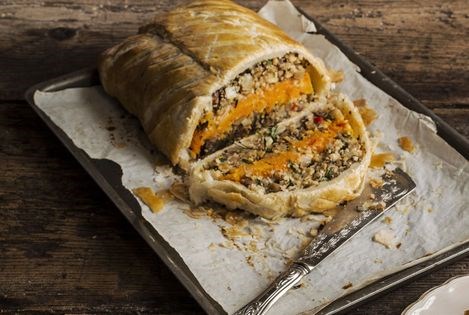 Pumpkin and cashew Wellington with parsnip crisps
