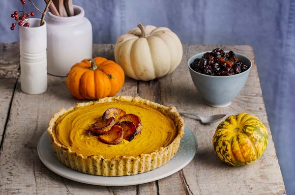 Pumpkin and chestnut tart, cranberries, creme fraiche