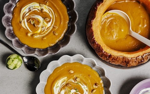 Pumpkin  and chipotle soup with spiced pumpkin  seeds and lime crème fraîche