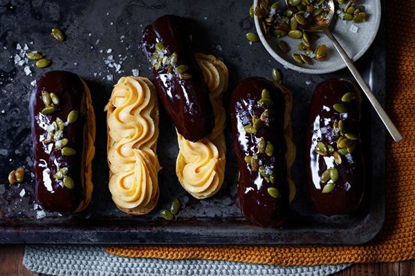 Pumpkin and chocolate eclairs