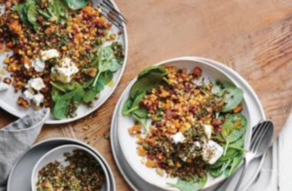 Pumpkin and corn pasta with pepita pangritata