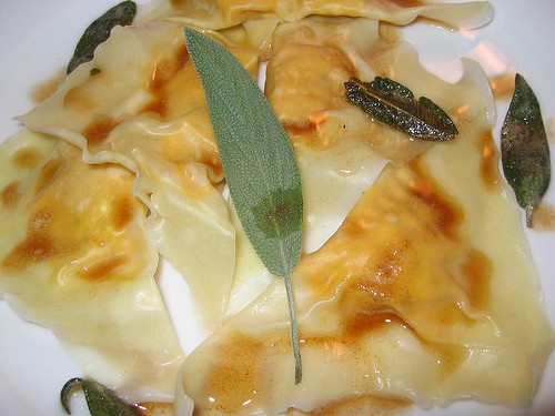 Pumpkin and cream cheese ravioli in sage and butter sauce