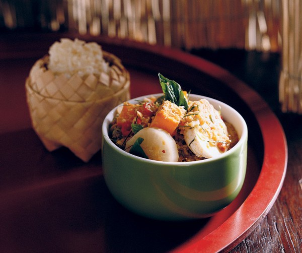 Pumpkin and duck egg curry with roasted peanuts