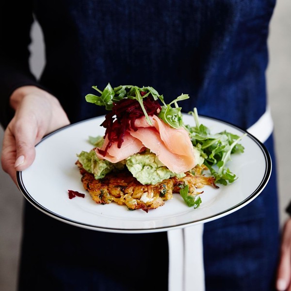 Pumpkin and feta fritters with smoked salmon (with pickled beets)
