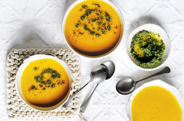 Pumpkin and pancetta soup with pepita pesto
