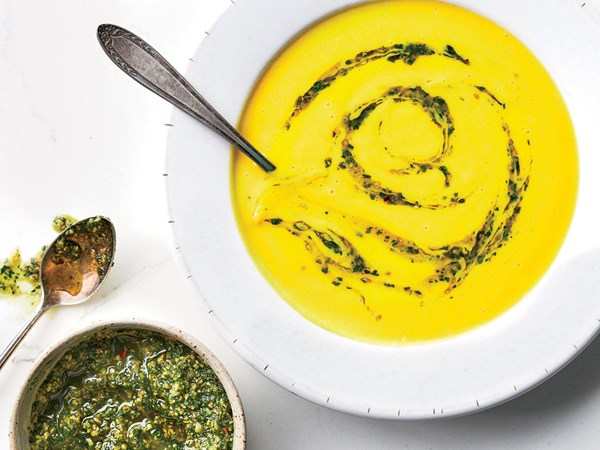 Pumpkin and shellfish bisque with pumpkin seed pistou
