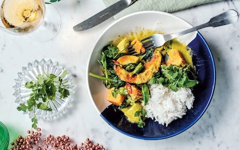 Pumpkin and sweet potato curry with coconut and greens