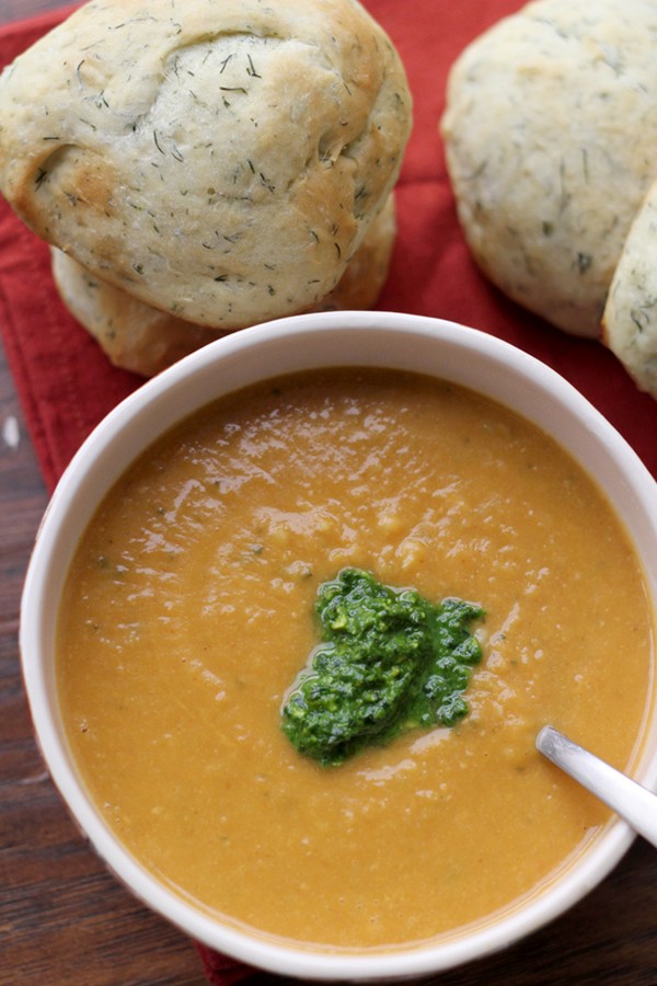 Pumpkin and white bean bisque with sage pesto