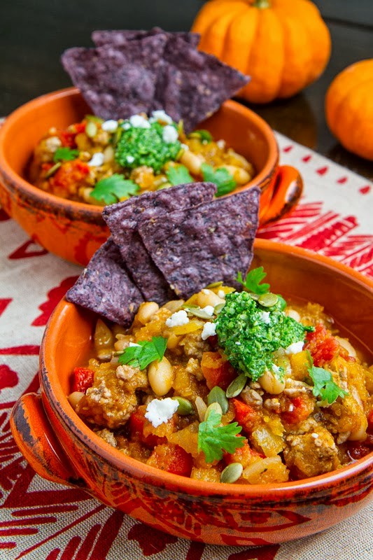 Pumpkin and white bean turkey chili with kale and pepita salsa