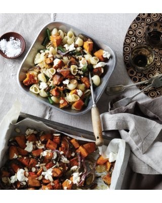 Pumpkin, bean, goat's cheese and almond pasta
