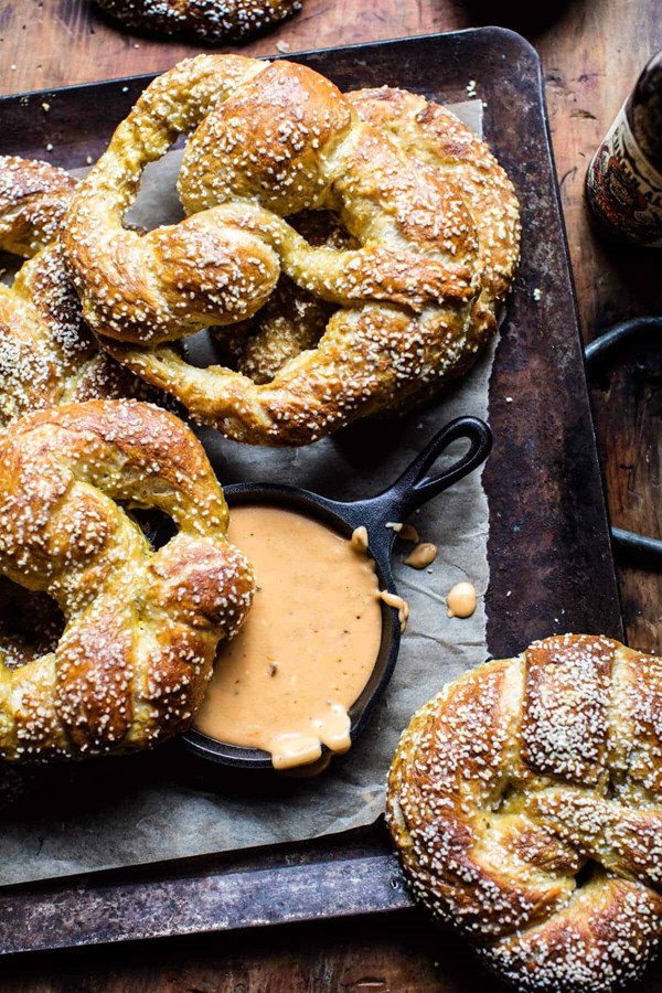 Pumpkin beer pretzels with chipotle queso