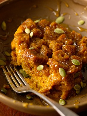 Pumpkin bread pudding with spicy caramel apple sauce