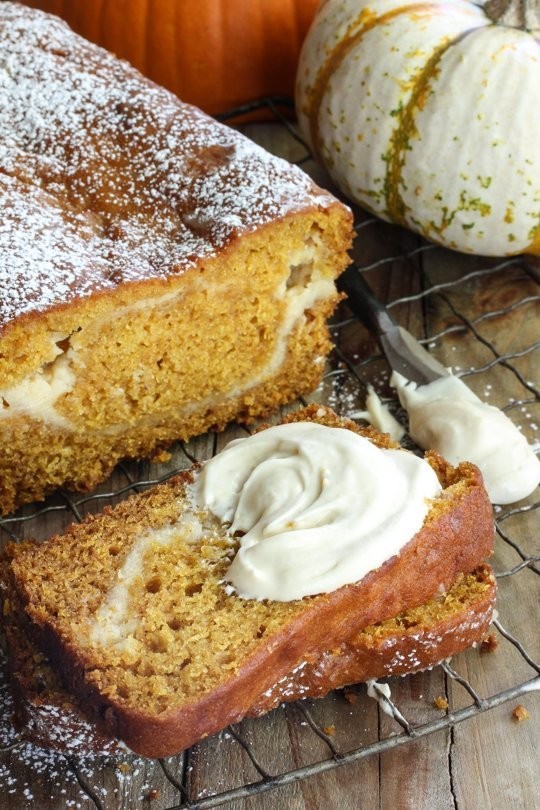 Pumpkin bread with cream cheese swirl