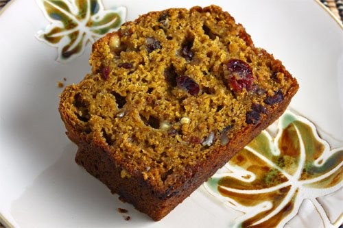 Pumpkin bread with dried cranberries, toasted pecans and white chocolate chips