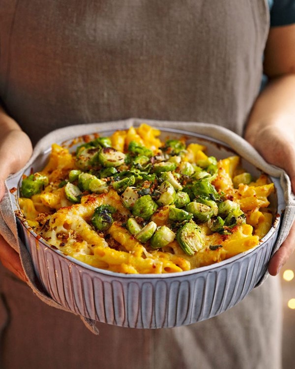 Pumpkin, Brussels sprout, cannellini and sage pasta bake