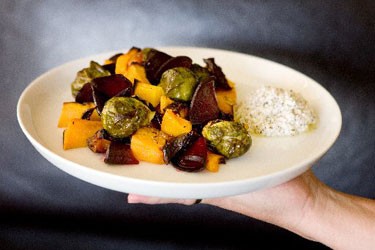 Pumpkin, Brussels sprouts and beetroot salad with za'atar cheese