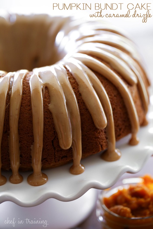 Pumpkin bundt cake with caramel drizzle