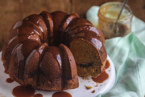 Pumpkin bundt with cinnamon streusel and salted caramel