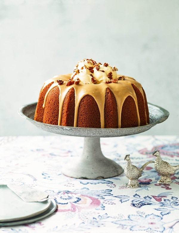 Pumpkin bundt with salted caramel frosting & cinnamon ice cream
