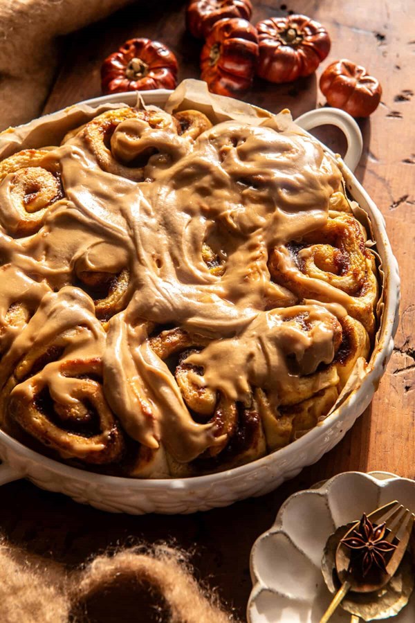 Pumpkin butter cinnamon rolls with coffee icing