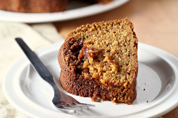 Pumpkin cake with caramel pecan pie streusel