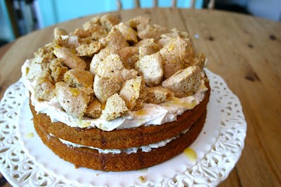 Pumpkin cake with chestnut cream and almond meringue topping