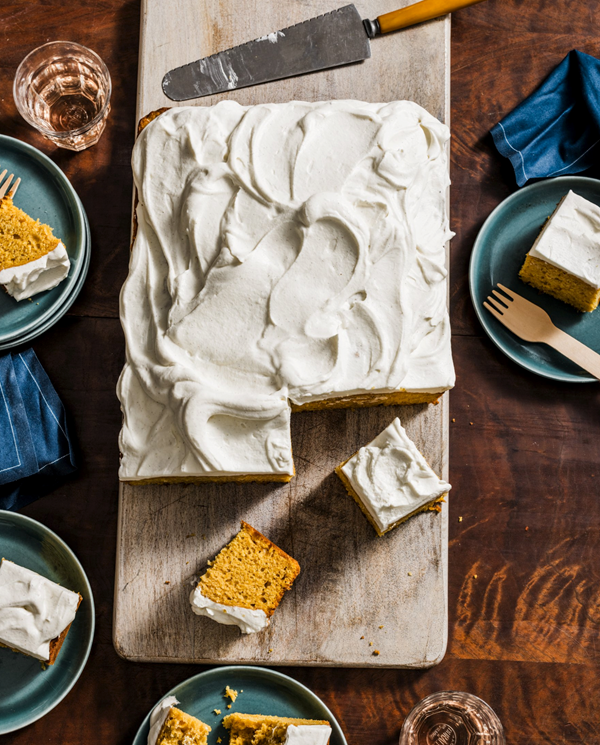 Pumpkin cardamom sheet cake with whipped mascarpone
