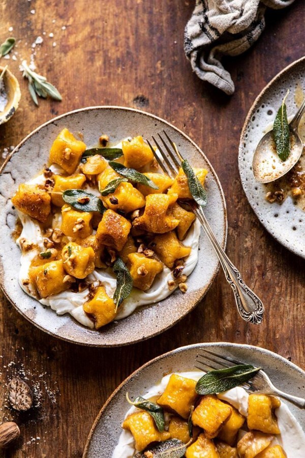 Pumpkin cauliflower gnocchi with nutty browned butter and whipped ricotta