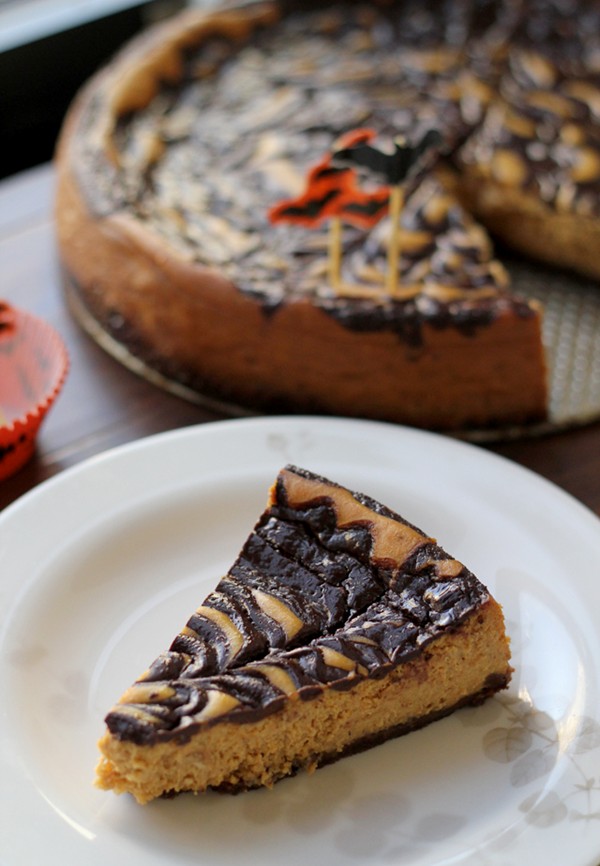 Pumpkin cheesecake with chocolate-stout ganache swirl