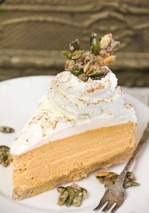 Pumpkin cheesecake with sugared pumpkin seeds