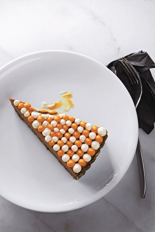 Pumpkin chocolate pie, chocolate crust, sous-vide pumpkin filling, coconut and cardamom cream