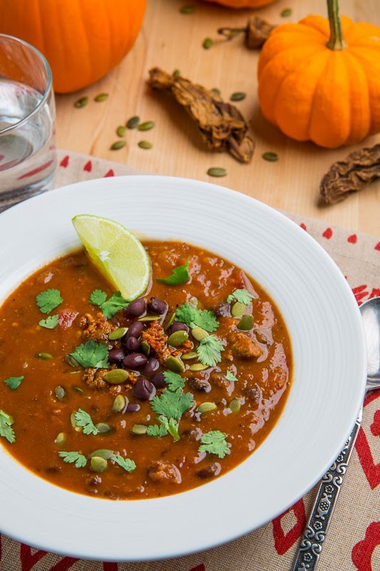 Pumpkin, chorizo and black bean soup