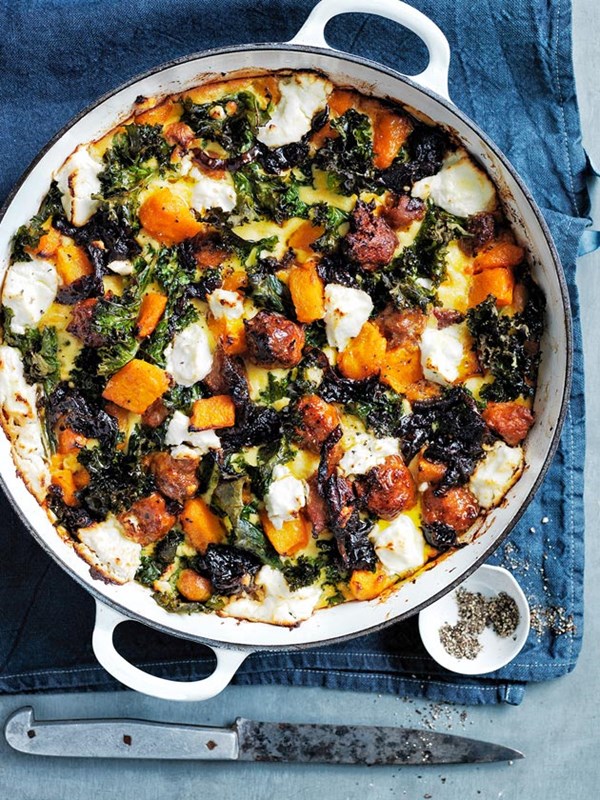 Pumpkin, chorizo and kale frittata