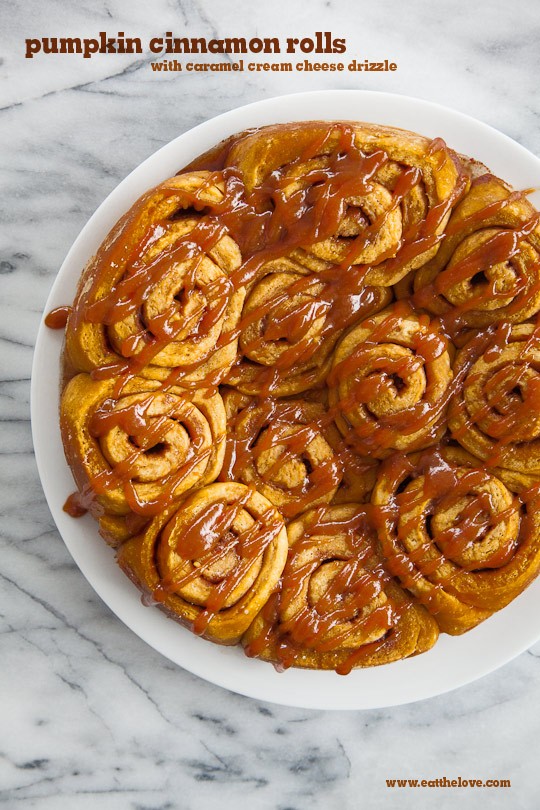 Pumpkin cinnamon rolls with easy caramel cream cheese drizzle