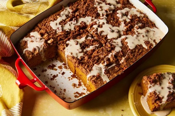 Pumpkin coffee cake with maple glaze