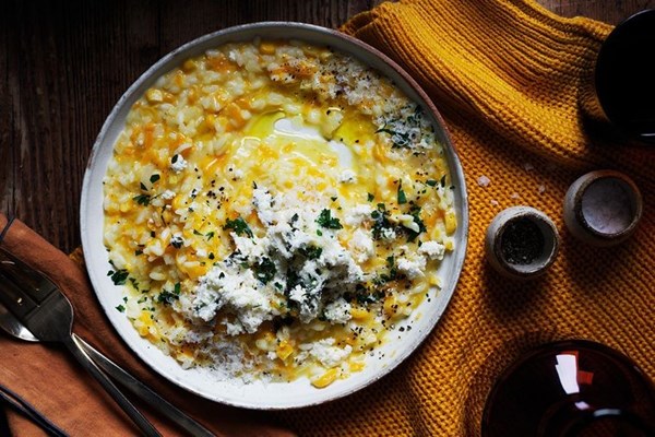 Pumpkin, corn and whey risotto