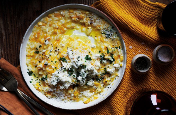 Pumpkin, corn and whey risotto