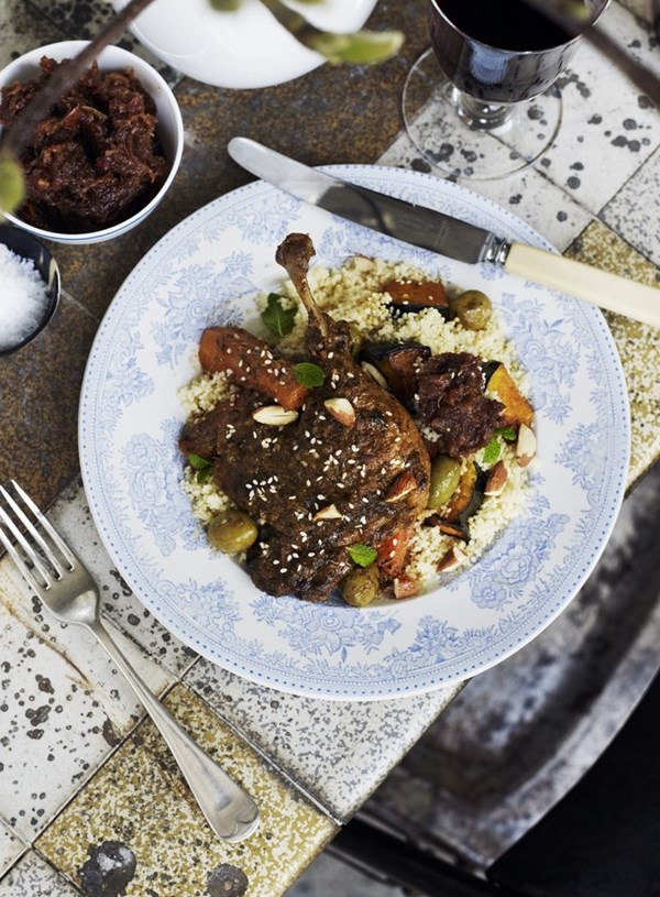 Pumpkin couscous with date and pomegranate chutney