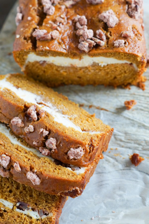 Pumpkin cream cheese bread with cinnamon sugar pecans